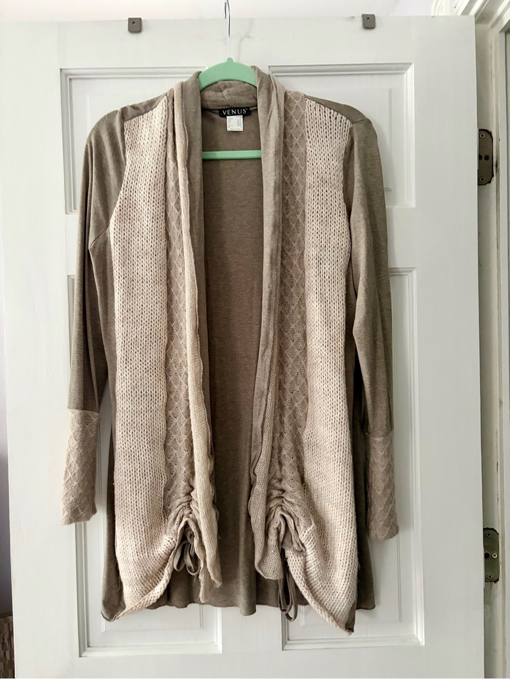 VENUS Taupe & Cream Open-Front Drawstring Cardigan with Knit Panels
